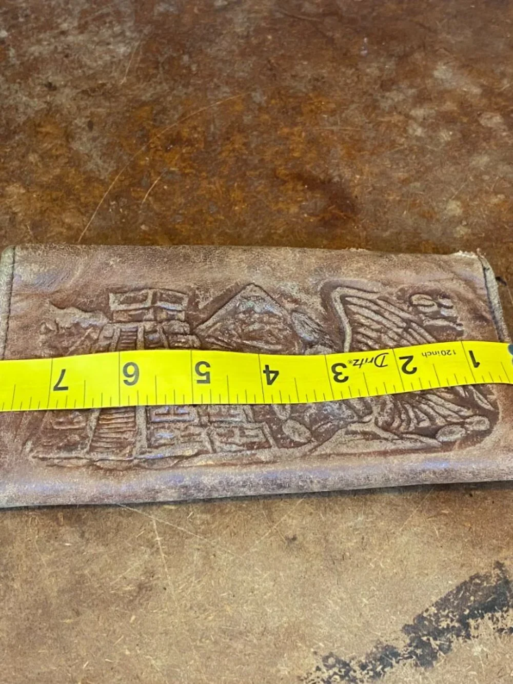50s 60s Handmade Mexican Wallet Brown Leather Tooled Aztec Calendar Vintage